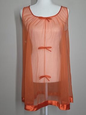 Vtg 50s Vanity Fair Orange Sheer Chiffon Nylon Babydoll Nightgown Bows XS Pinup